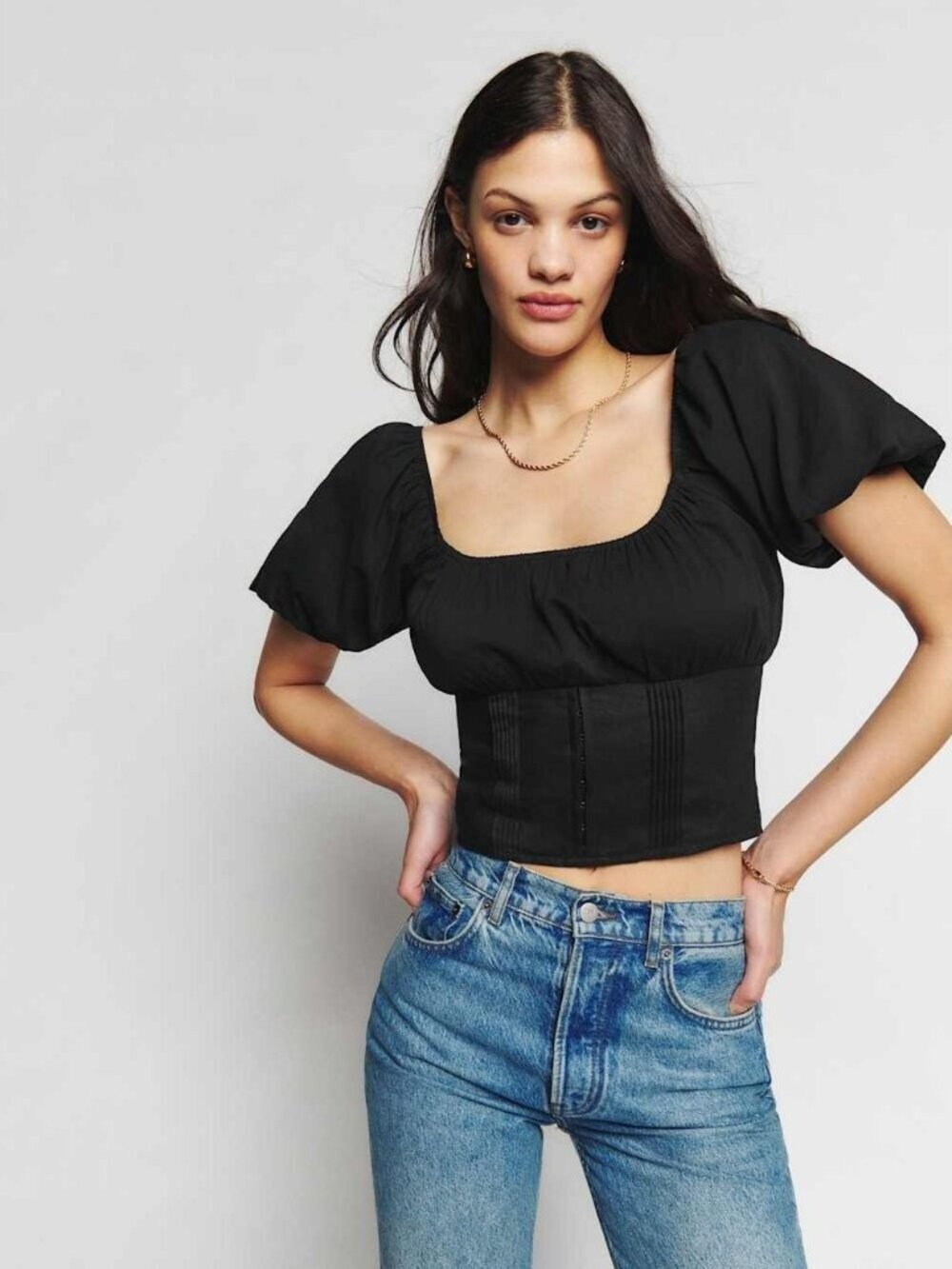 Reformation Size 6  Top Blouse Cropped Black Puff Short Sleeve